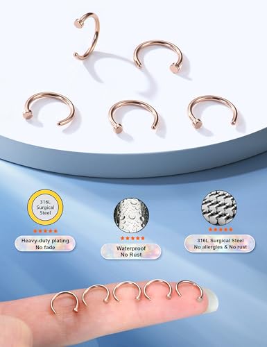 18G 20G 22G Nose Rings Hoops for Women Nose Piercing - Hypoallergenic 316L Stainless Steel Hoop Nose Rings Piercing Jewelry 5PCS Gold Silver Black Tone - color: 14k Rose-Gold Plated