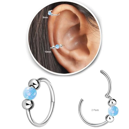 2 Pcs Small Cartilage Hoop Earrings for Women Men, 18G Opal Silver Earrings Hypoallergenic 316L Surgical Steel Hinge Huggie Hoop Earrings for Helix,Tragus,Conch,Rook,Earlobe Piercing Jewelry Nose Ring - style: 1Pc8mm+1Pc10mm Blue Opal/Silver