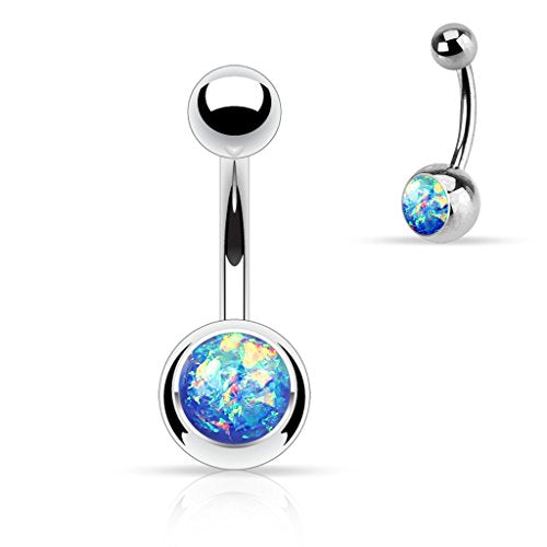 Belly Button Piercing Ring 14 Gauge Surgical Steel - color: Blue Created Opal