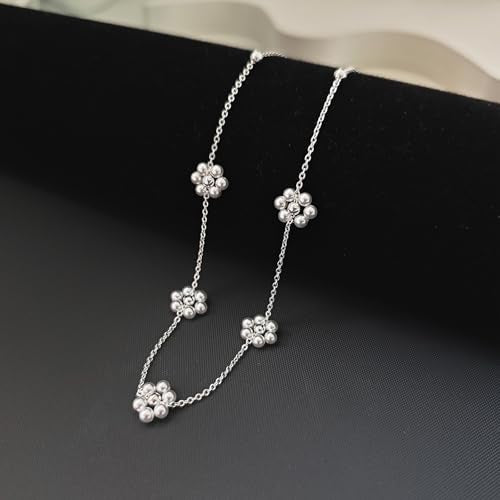 OGD Gold Pearl Necklace Set for Women 14K Plated Layered Daisy Choker Gift - color: Daisy Pearl-Silver