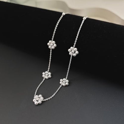 OGD Gold Pearl Necklace Set for Women 14K Plated Layered Daisy Choker Gift - color: Daisy Pearl-Silver