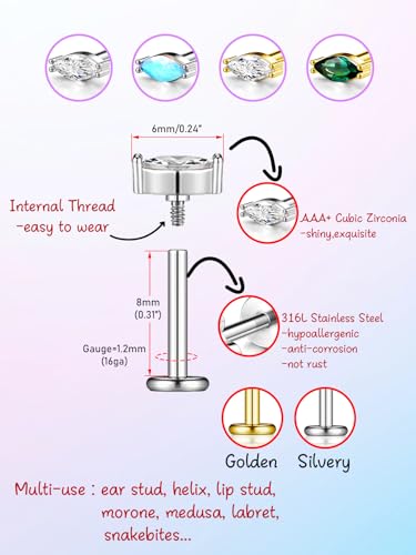 PiercingJ 2-4pcs 16g 316L Stainless Steel 3mm Cubic Zirconia Labret Monroe Lip Ring/Tragus/Helix Earring,6-12mm Bar Length - style: Eye shaped color gem/8mm silver bar