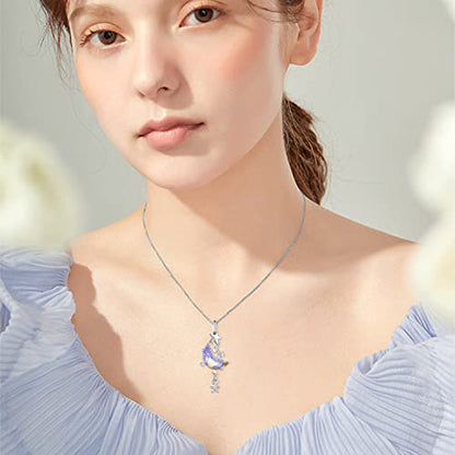 Moonstone Moon Star Necklace for Women 925 Sterling Silver Created Cubic Zirconia Stars Moon Necklaces Anniversary Birthday Jewelry Gift for Women Mom Wife
