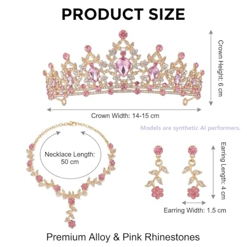 Kamirola Tiaras and Crowns for Women,Tiaras Earrings Necklace, Crystal Bridal Jewelry Set, Costume Party Halloween Prom Pageant Jewelry for Women(TR45) - color: Gold Pink