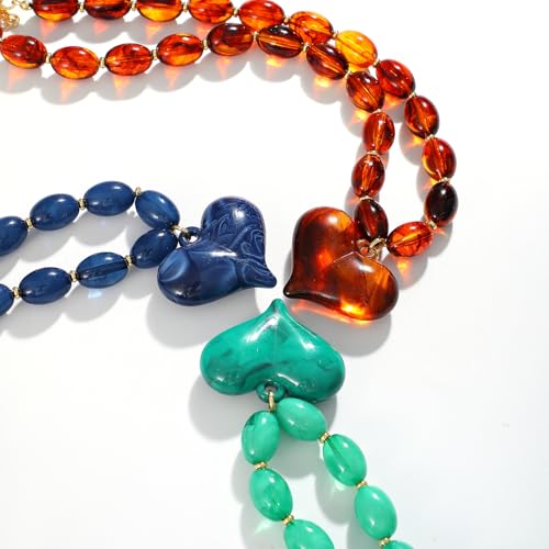 Chunky Beaded Necklaces for Women Trendy Colorful Acrylic Bead Statement Necklace Puffy Heart Pendent Necklaces for Women Boho Fashion Jewelry - color: D-light pink