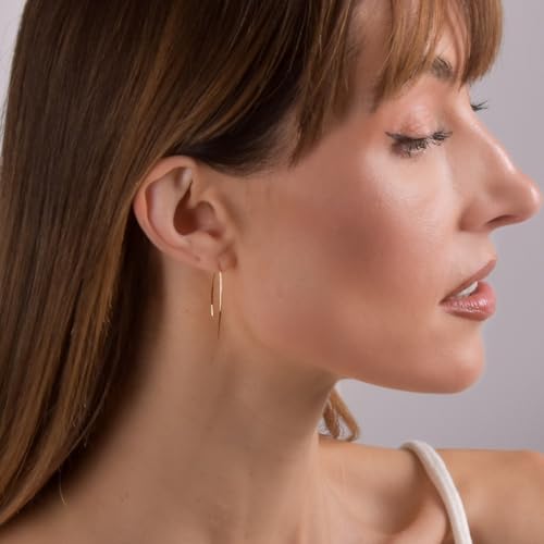 Upside Down Hoop Earrings - Hypoallergenic Lightweight Wire Needle Drop Dangle Threader Hoops for Women, Safe for Sensitive Ears - Plated in 925 Sterling Silver or 18k Gold - color: 1.2" inch - 18k Gold Plated