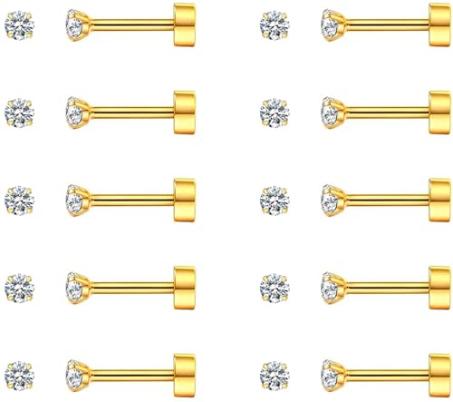 SIISPRI 10 Pairs Tiny Cartilage Stud Earrings for Women Men 14K Gold Plated Surgical Stainless Steel Flat Back Earrings Hypoallergenic Cubic Zirconia Studs Earrings 2mm 3mm Tragus Helix Daith Piercing - color: 3mm-Gold-10pair