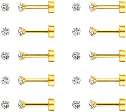 SIISPRI 10 Pairs Tiny Cartilage Stud Earrings for Women Men 14K Gold Plated Surgical Stainless Steel Flat Back Earrings Hypoallergenic Cubic Zirconia Studs Earrings 2mm 3mm Tragus Helix Daith Piercing - color: 3mm-Gold-10pair