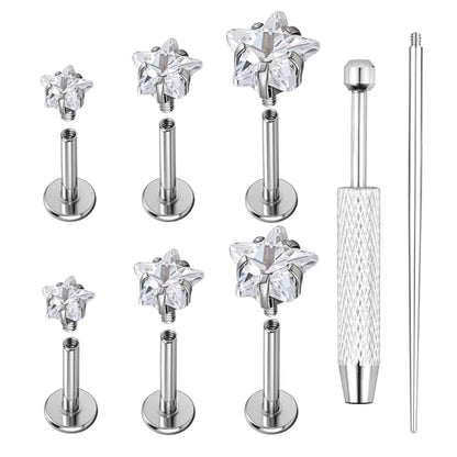 AOEDEJ 20/18/16G Titanium Internally Threaded Flat Back Stud Earrings 3/4/5mm Stars Square CZ Nose Lip Medusa Monroe Labret Piercing Jewelry for Cartilage Conch Tragus Helix Ear Studs - style: 20G-Stars