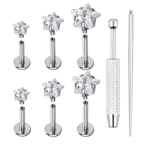 AOEDEJ 20/18/16G Titanium Internally Threaded Flat Back Stud Earrings 3/4/5mm Stars Square CZ Nose Lip Medusa Monroe Labret Piercing Jewelry for Cartilage Conch Tragus Helix Ear Studs - style: 16G-Stars