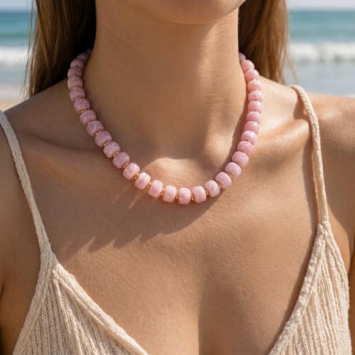 Chunky Beads Necklace for Women Trendy Gold Puffy Heart Choker Necklace Colorful Resin Beaded Heart Pendant Necklaces Statement Jewelry - color: Round-Pink