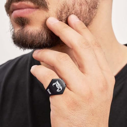 Custom Signet Ring for Men Personalized Initial Ring Custom Mens Rings Engraved Ring Customized Memorial Graduation Gifts for Father Husband Boyfriend Friends - color: Hexagon Black