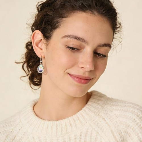 Austrian Crystal Halo Teardrop Hollow Drop Dangle Earrings for Women 14K Rose Gold Plated Hypoallergenic Jewelry Gifts - color: Aurora Borealis