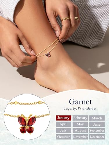 Suplight Gold Plated Butterfly Anklets for Women Waterproof, Layered Boho Ankle Bracelet with Birthstone, Stainless Steel Adjustable Non-Tarnish Heart Foot Jewelry Beach Vacation - color: 01. Butterfly-Jan. Garnet