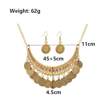 Chunky Coin Necklace Earrings Set,Bohemia Plated Gold Coin Tassel Personalized Choker Earrings,Ethnic Gypsy Statement Jewelry Set for Women - color: Gold