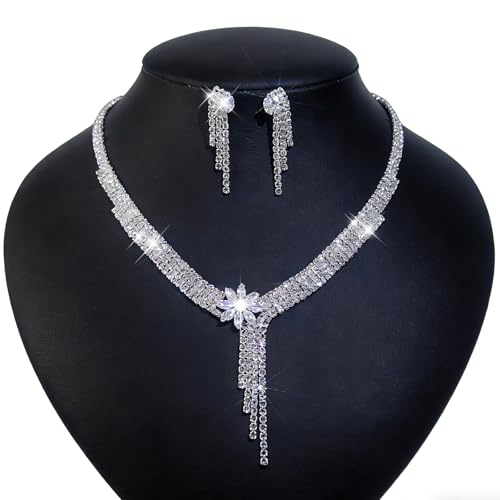 Women's Fashion Jewelry Rhinestone Zircon Necklace and Earring Set Formal Ball Gown Accessories Silver Floral Pendant Bridal Wedding Jewelry Suitable for Weddings, Balls, Banquets, and All Special Occasions - style: GST006
