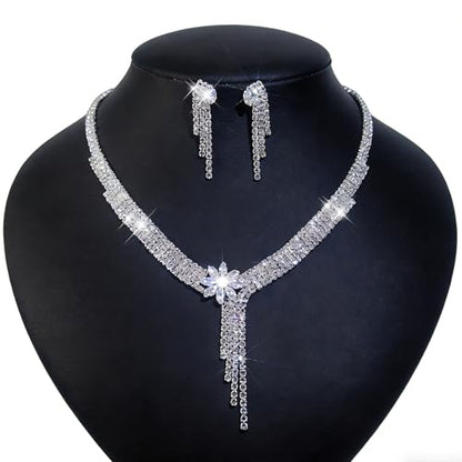 Women's Fashion Jewelry Rhinestone Zircon Necklace and Earring Set Formal Ball Gown Accessories Silver Floral Pendant Bridal Wedding Jewelry Suitable for Weddings, Balls, Banquets, and All Special Occasions - style: GST006