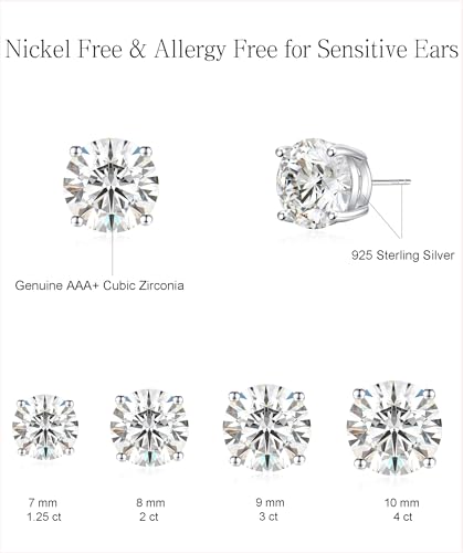 925 Sterling Silver Stud Earrings Simulated Diamond Round Cubic Zirconia Earring Set for Women Men 6-10MM - size: 9mm