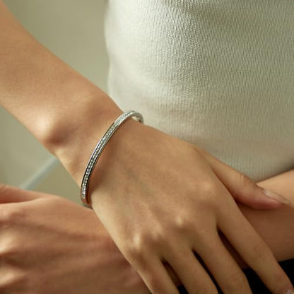 Gold Bracelets for Women, 18K Gold Plated Cubic Zirconia Bangle Bracelets Stainless Steel Eternity Crystal Oval Bracelet Cuff Bracelets for Women Jewelry - color: Half CZ Bangle-White Gold