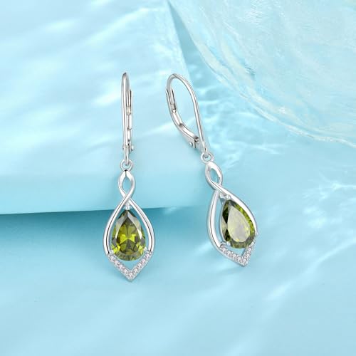 Infinity Teardrop Earrings 925 Sterling Silver Dangle Drop Leverback Earrings Birthstone Jewelry for Women - color: Olive Green