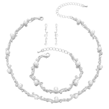 Bridal Pearl Choker Necklace Earrings Bracelet Wedding Crystal Jewelry Set for Women Brides Bridesmaid Prom - color: White-Platinum Plated