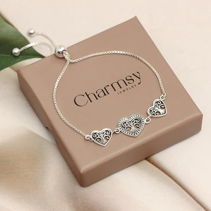 Charmsy 925 Sterling Silver Sliding Bolo Bracelet for Women | Women's Italian Handmade Adjustable Bolo Bead Ball Slider Bracelet - style: Heart Bali-Style