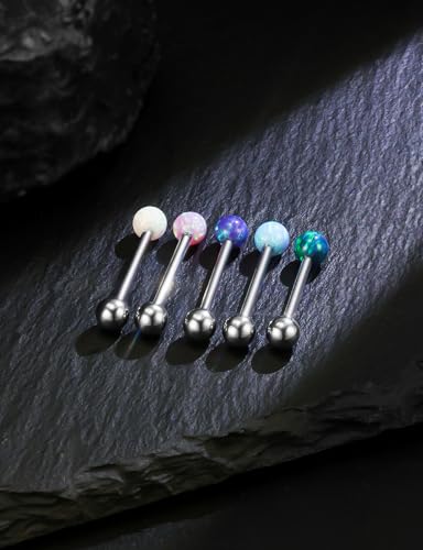 14G Astm F136 Titanium Tongue Rings Piercing Jewelry 14 Gauge Internal Thread Straight Barbell Opal Tongue Rings Piercing Jewlery for Women Men White Pink Purple Blue Green 16MM Bar Length - color: Purple