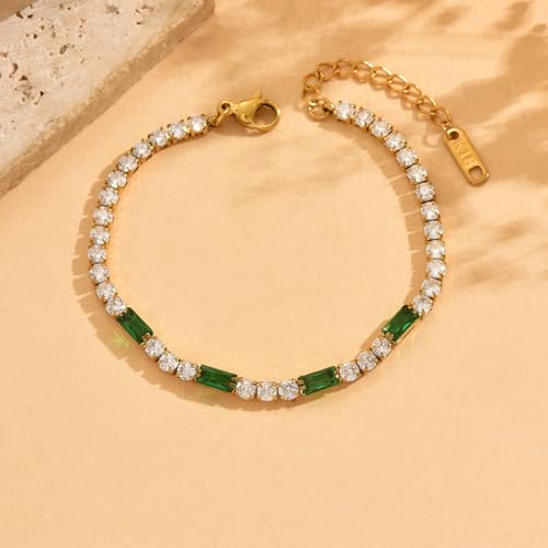 Tennis Bracelet for Women 18K Gold Plated White Red Green Black Blue Pink 3mm Cubic Zirconia Bracelet Dainty Diamond Adjustable Bracelet Trendy Jewelry Gift - color: Green Tennis-GD
