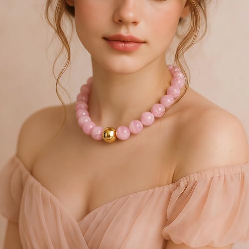 Multicolor Chunky Beaded Necklace, Statement Colorful Round Ball Beads Choker Necklace with Gold-Tone Adjustable Chain, Fashion Bold Neck Jewelry for Women - color: 16mm-Pink