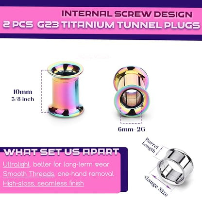 2Pcs G23 Titanium Double Flared Earrings Internally Threaded Gauges for Ears Weights Eyelet Tunnel Plug Stretching Kit From 3mm to 25mm Women Men - color: Rainbow, size: 6mm-2G