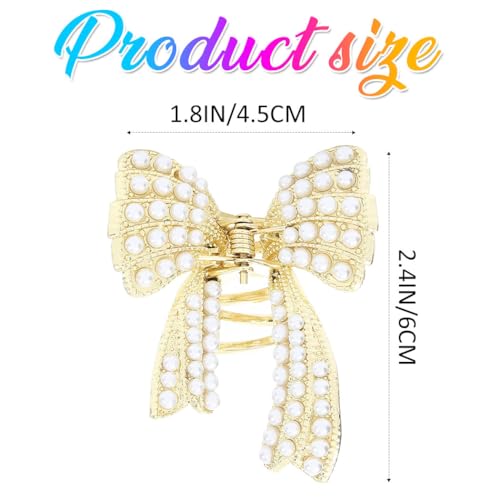 CAKURE Bow Claw Clips Gold Hair Clips Hair Accessories for Women | 2 PCS Pearl Bow Hair Claw Clips for Thin Hair Cute Small Claw Jaw Clips Daily Prom Wedding
