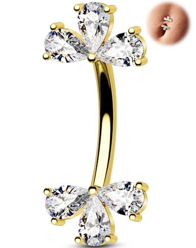 Melighting 14G Double Teardrop CZ Gold Belly Button Ring 316L Surgical Steel Navel Ring 3 Stone Drop Design Belly Bar Piercing Jewelry for Women 8 mm/10 mm - color: Gold, size: 14G10mm