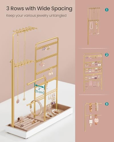 SONGMICS Jewelry Holder, Metal Frame, Velvet Tray, Pale Gold | Jewelry Storage Organizer Stand with Metal Frame, 12.1 to 18.7 Inches Tall Height Adjustable Necklace Holder for Rings - color: Pale Gold