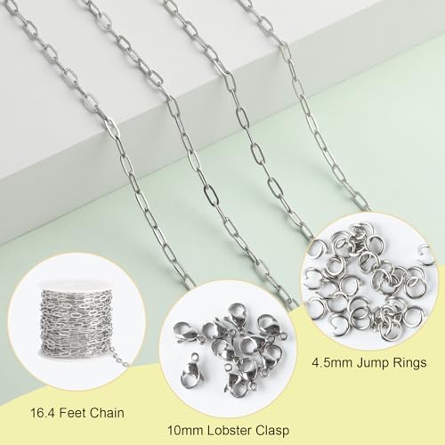 SMYHTGLIF 16.4 Feet Paperclip Cable Chain Bulk Silver Stainless Steel Chain | Permanent Jewelry Making Chains Women Necklace Bracelet DIY Craft Chain for Jewelry Making - color: Silver, size: 3×7.5mm