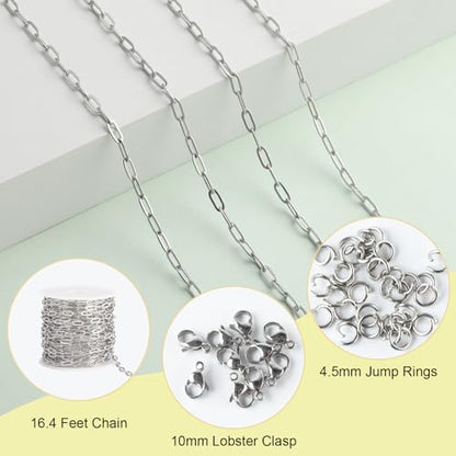 SMYHTGLIF 16.4 Feet Paperclip Cable Chain Bulk Silver Stainless Steel Chain | Permanent Jewelry Making Chains Women Necklace Bracelet DIY Craft Chain for Jewelry Making - color: Silver, size: 3×7.5mm