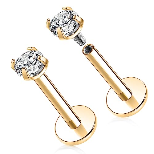 GAGABODY G23 Titanium 16G 6/8/10mm Clear CZ/Opal Internally Threaded Labret Monroe Lip Studs 6mm Helix Cartilage Tragus Earring Piercing - color: 16G-2Pcs-Gold-Length:6mm CZ:3mm