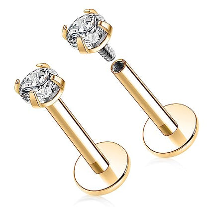 GAGABODY G23 Titanium 16G 6/8/10mm Clear CZ/Opal Internally Threaded Labret Monroe Lip Studs 6mm Helix Cartilage Tragus Earring Piercing - color: 16G-2Pcs-Gold-Length:8mm CZ:3mm