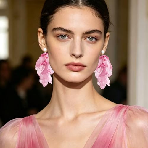 Handmade Bohemian Lightweight Fabric Flower Dangle Drop Earrings Chic Pearl Large Tassel Petal Stud Earrings For Women - color: Pearl Dark Pink