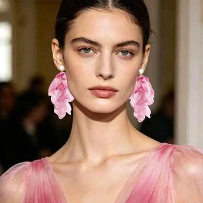 Handmade Bohemian Lightweight Fabric Flower Dangle Drop Earrings Chic Pearl Large Tassel Petal Stud Earrings For Women - color: Pearl Dark Pink