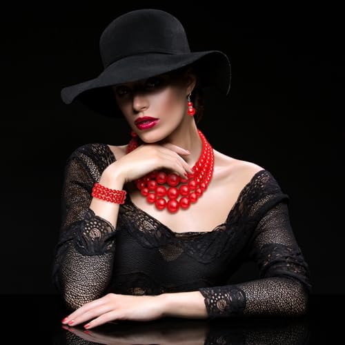 Haysandy Pearl Jewelry Set for Women 20s Jewelry Gift | Retro Layered Necklace Bracelet Earring, Costume Accessories for Derby Wedding Prom Party, Dress Matching Occasions - color: Red