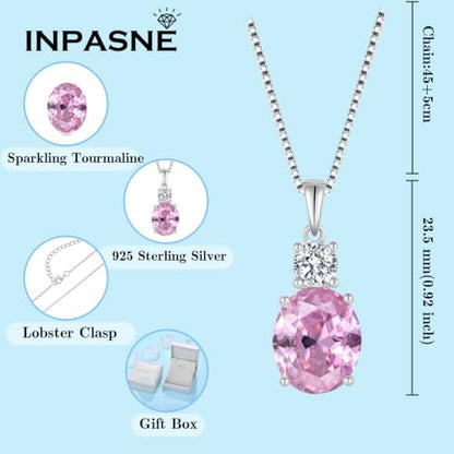 Birthstone Necklace for Women 925 Sterling Silver | Oval Cut Pendant Necklace, Jewelry for Mom Wife - color: Pink