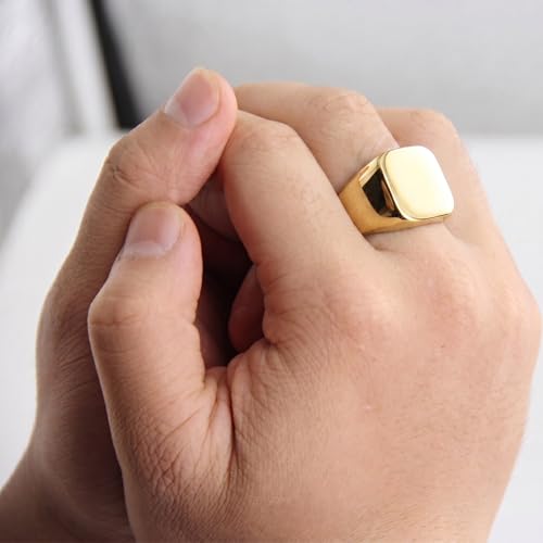 Stainless Steel Square Signet Rings for Men Women Gold/Silver Plain Pinky Thumb Ring, Gift for Dad Husband - color: Square Gold
