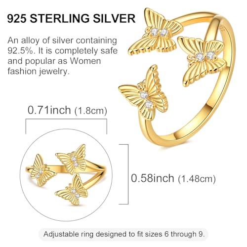 LAZA 925 Sterling Silver Ring for Women Statement Adjustable Open Ring | 14K Gold Plated Butterfly Cat Fish Evil Eye Flower Cross CZ Stackable Trendy Eternity Ring for Women Jewelry Gifts - color: Butterfly