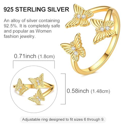 LAZA 925 Sterling Silver Ring for Women Statement Adjustable Open Ring | 14K Gold Plated Butterfly Cat Fish Evil Eye Flower Cross CZ Stackable Trendy Eternity Ring for Women Jewelry Gifts - color: Butterfly