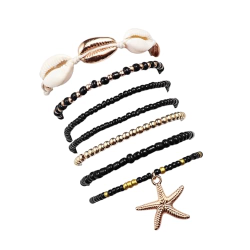 Bohemian Stackable Shell Beaded Ankle Bracelets for Women Colorful Boho Multi-Layer Seashell Gold Starfish Adjustable Handmade Braid Bracelet Summer Beach Holiday Accessories Gifts - color: Black