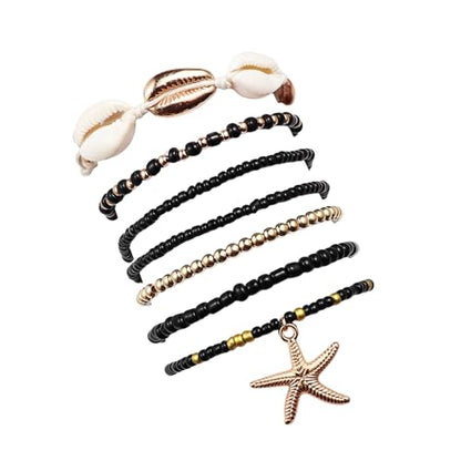 Bohemian Stackable Shell Beaded Ankle Bracelets for Women Colorful Boho Multi-Layer Seashell Gold Starfish Adjustable Handmade Braid Bracelet Summer Beach Holiday Accessories Gifts - color: Black