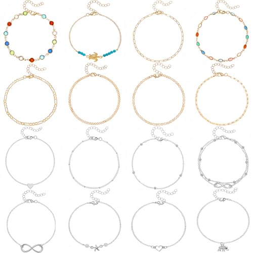 Starain 12Pcs Summer Beach Anklets for Women Waterproof Gold Silver Chain Ankle Bracelets Cute Women's Foot Anklet Set 7.9-10.5 inch Adjustable - color: 16Pcs Silver Anklets