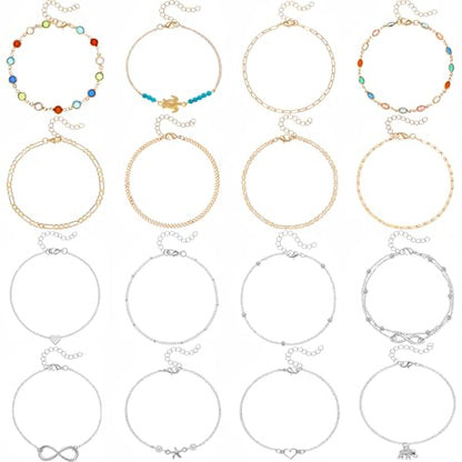 Starain 12Pcs Summer Beach Anklets for Women Waterproof Gold Silver Chain Ankle Bracelets Cute Women's Foot Anklet Set 7.9-10.5 inch Adjustable - color: 16Pcs Silver Anklets