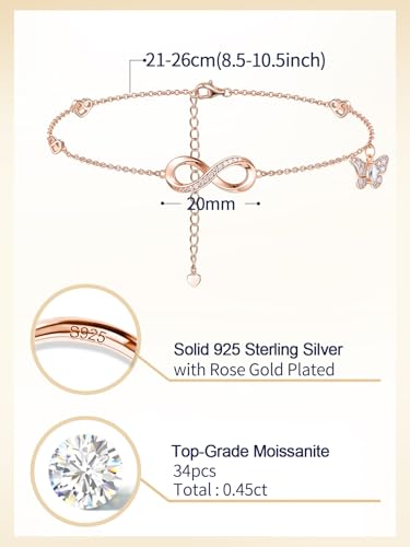 Moissanite Infinity Anklet for Women, Real Authentic 925 Sterling Silver Hypoallergenic, Beautiful Summer Jewelry, Dainty Ankle Bracelet, 8.6-10.6inch (21-26cm) Adjustable - color: Romantic Infinity & Butterfly - Rose Gold