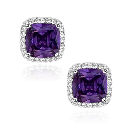 Square Cubic Zirconia Earrings Stud 7mm Birthstone Studs Earrings Hypoallergenic Princess Cut Earrings 925 Sterling Silver Post Studs Earrings for Women - color: amethyst